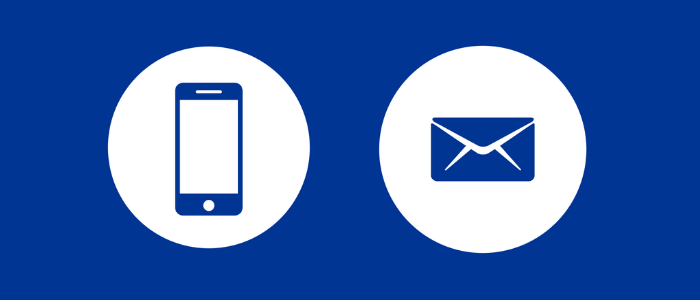 White outlines of smart phone and email envelope on blue background