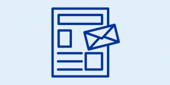 Blue outline of newsletter with envelope on light blue background