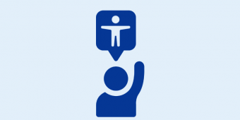 Illustration of person raising their hand to volunteer with accessibility icon in thought bubble